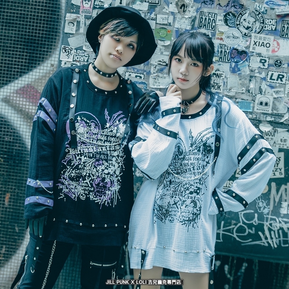 Jillpunk ボンデッジ風 王道パンク V系 デビル樣本 ドクロプリント スダッズハーネスベルト 鎖チェーン付き ゆったり 拘束服 長袖Tシャツ カットソー オリジナル パンク メンズ レディーズ おしゃれ男女兼用ファッション カッコいい