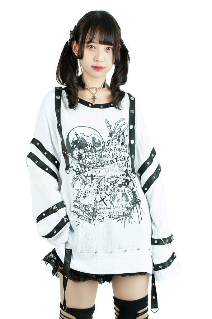 Jillpunk ボンデッジ風 王道パンク V系 デビル樣本 ドクロプリント スダッズハーネスベルト 鎖チェーン付き ゆったり 拘束服 長袖Tシャツ カットソー オリジナル パンク メンズ レディーズ おしゃれ男女兼用ファッション カッコいい