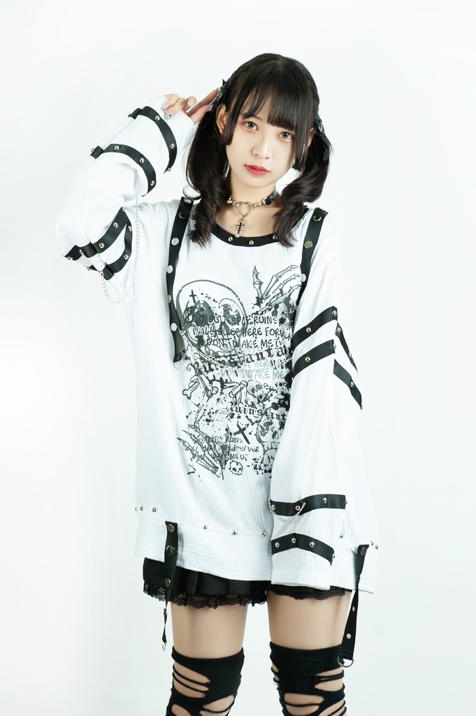 Jillpunk ボンデッジ風 王道パンク V系 デビル樣本 ドクロプリント スダッズハーネスベルト 鎖チェーン付き ゆったり 拘束服 長袖Tシャツ カットソー オリジナル パンク メンズ レディーズ おしゃれ男女兼用ファッション カッコいい