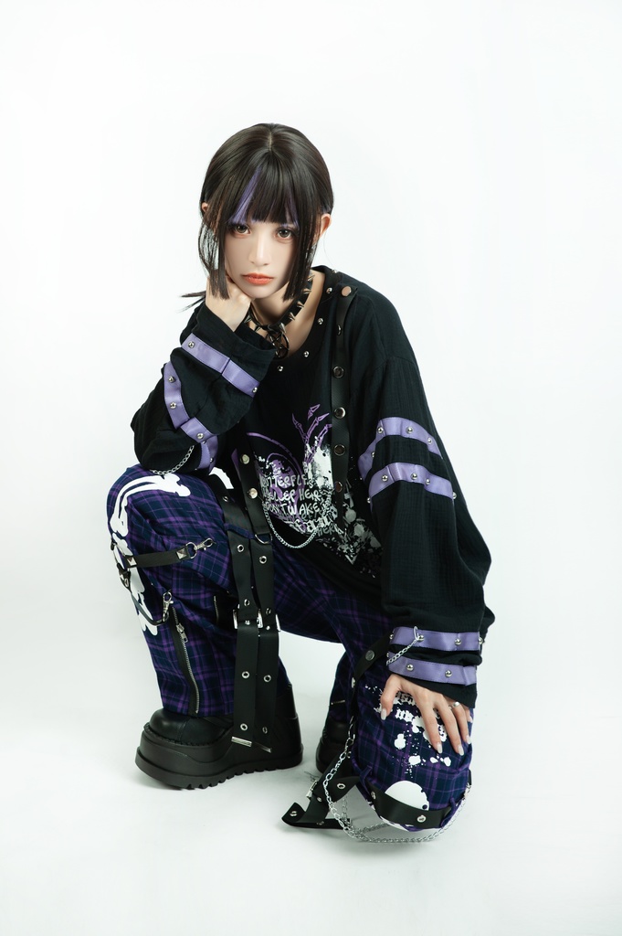 Jillpunk ボンデッジ風 王道パンク V系 デビル樣本 ドクロプリント スダッズハーネスベルト 鎖チェーン付き ゆったり 拘束服 長袖Tシャツ カットソー オリジナル パンク メンズ レディーズ おしゃれ男女兼用ファッション カッコいい