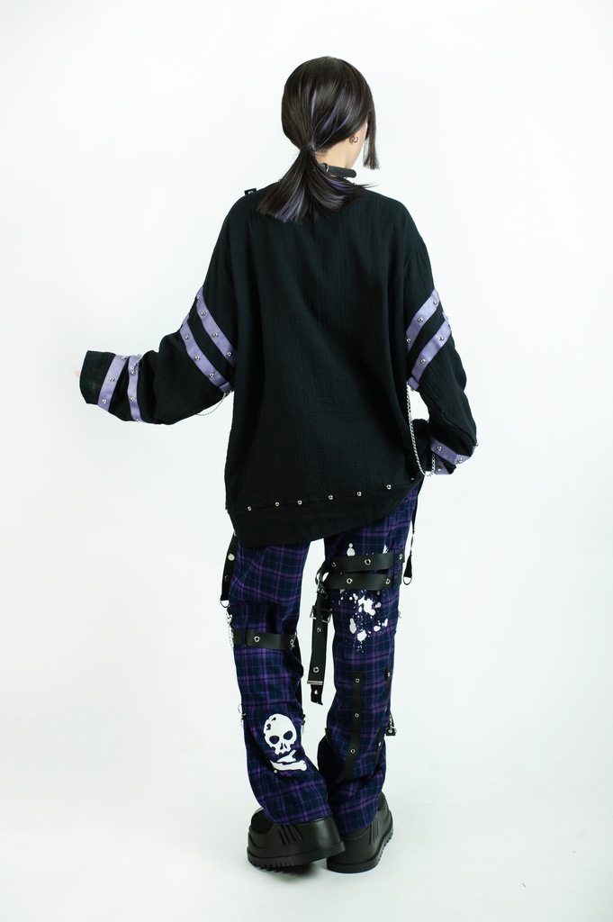 Jillpunk ボンデッジ風 王道パンク V系 デビル樣本 ドクロプリント スダッズハーネスベルト 鎖チェーン付き ゆったり 拘束服 長袖Tシャツ カットソー オリジナル パンク メンズ レディーズ おしゃれ男女兼用ファッション カッコいい