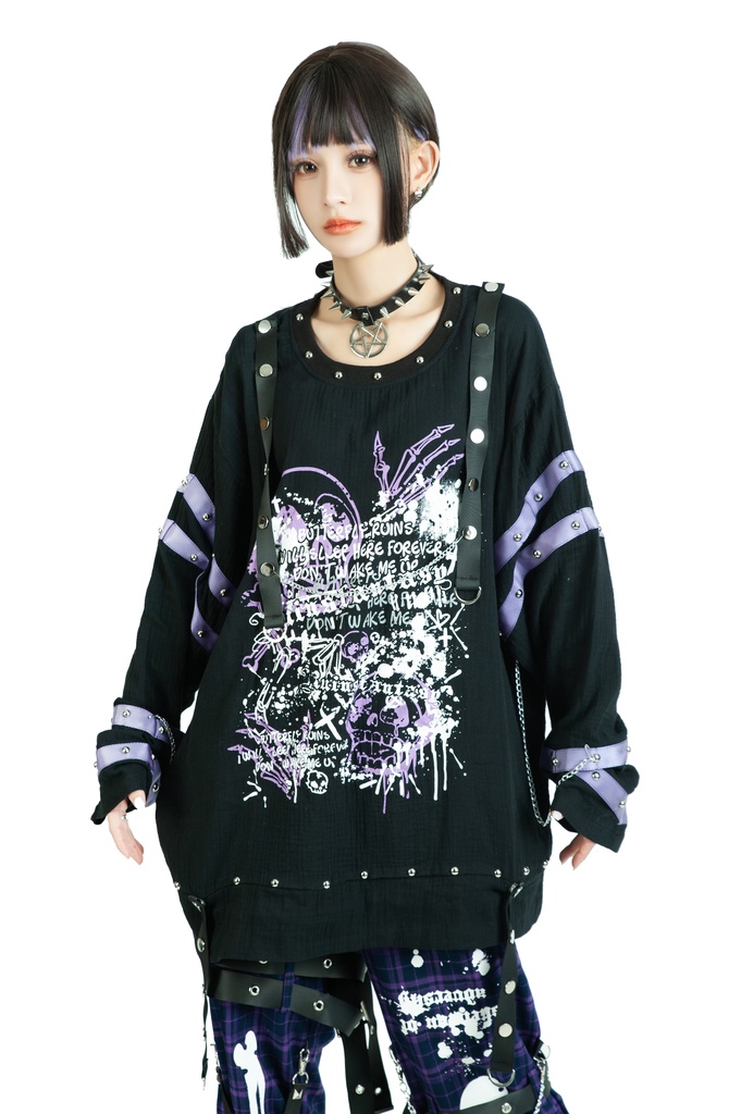 Jillpunk ボンデッジ風 王道パンク V系 デビル樣本 ドクロプリント スダッズハーネスベルト 鎖チェーン付き ゆったり 拘束服 長袖Tシャツ カットソー オリジナル パンク メンズ レディーズ おしゃれ男女兼用ファッション カッコいい