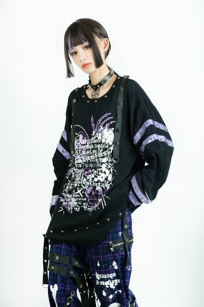Jillpunk ボンデッジ風 王道パンク V系 デビル樣本 ドクロプリント スダッズハーネスベルト 鎖チェーン付き ゆったり 拘束服 長袖Tシャツ カットソー オリジナル パンク メンズ レディーズ おしゃれ男女兼用ファッション カッコいい