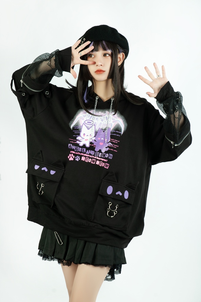 Jillpunk 可愛いパンク ハロウィン 子猫の天使 漁網アームカバー付き 長袖ゆったり 猫耳パーカー メンズ レディー おしゃれ 猫系 オリジナル 男女兼用 ファッション 秋葉系 萌え 二次コン HALLOWEEN