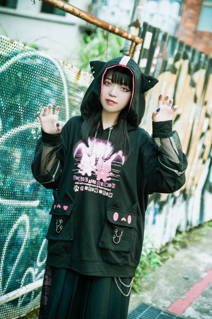 Jillpunk 可愛いパンク ハロウィン 子猫の天使 漁網アームカバー付き 長袖ゆったり 猫耳パーカー メンズ レディー おしゃれ 猫系 オリジナル 男女兼用 ファッション 秋葉系 萌え 二次コン HALLOWEEN