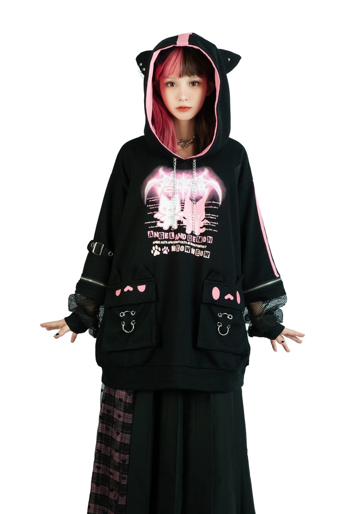 Jillpunk 可愛いパンク ハロウィン 子猫の天使 漁網アームカバー付き 長袖ゆったり 猫耳パーカー メンズ レディー おしゃれ 猫系 オリジナル 男女兼用 ファッション 秋葉系 萌え 二次コン HALLOWEEN