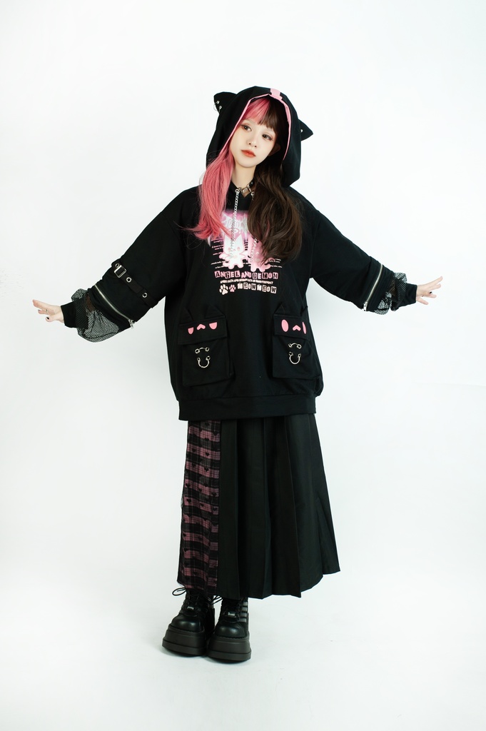 Jillpunk 可愛いパンク ハロウィン 子猫の天使 漁網アームカバー付き 長袖ゆったり 猫耳パーカー メンズ レディー おしゃれ 猫系 オリジナル 男女兼用 ファッション 秋葉系 萌え 二次コン HALLOWEEN