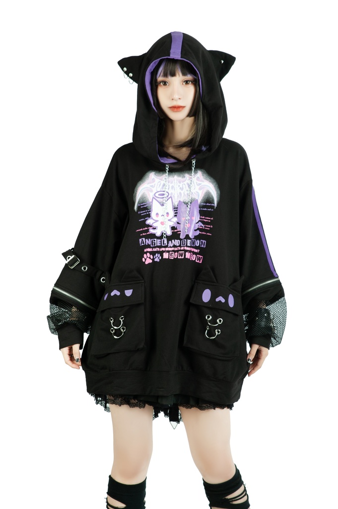Jillpunk 可愛いパンク ハロウィン 子猫の天使 漁網アームカバー付き 長袖ゆったり 猫耳パーカー メンズ レディー おしゃれ 猫系 オリジナル 男女兼用 ファッション 秋葉系 萌え 二次コン HALLOWEEN