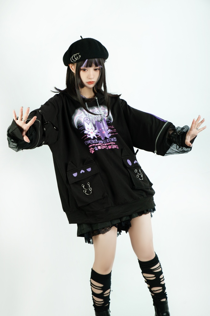 Jillpunk 可愛いパンク ハロウィン 子猫の天使 漁網アームカバー付き 長袖ゆったり 猫耳パーカー メンズ レディー おしゃれ 猫系 オリジナル 男女兼用 ファッション 秋葉系 萌え 二次コン HALLOWEEN