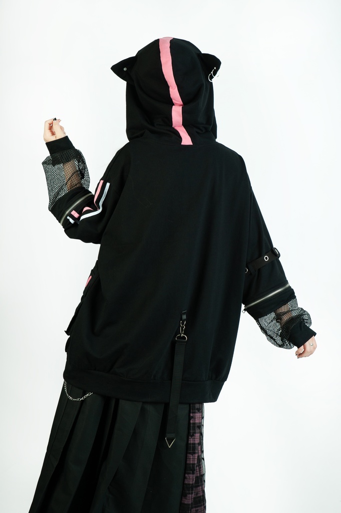 Jillpunk 可愛いパンク ハロウィン 子猫の天使 漁網アームカバー付き 長袖ゆったり 猫耳パーカー メンズ レディー おしゃれ 猫系 オリジナル 男女兼用 ファッション 秋葉系 萌え 二次コン HALLOWEEN