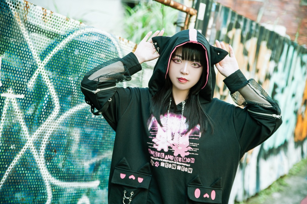 Jillpunk 可愛いパンク ハロウィン 子猫の天使 漁網アームカバー付き 長袖ゆったり 猫耳パーカー メンズ レディー おしゃれ 猫系 オリジナル 男女兼用 ファッション 秋葉系 萌え 二次コン HALLOWEEN