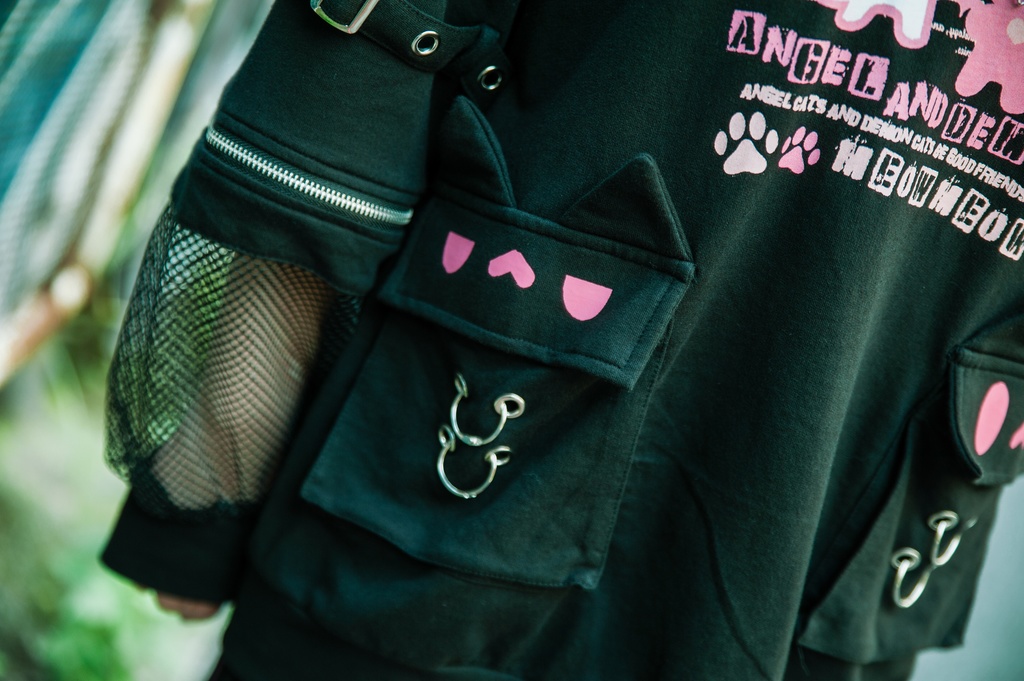 Jillpunk 可愛いパンク ハロウィン 子猫の天使 漁網アームカバー付き 長袖ゆったり 猫耳パーカー メンズ レディー おしゃれ 猫系 オリジナル 男女兼用 ファッション 秋葉系 萌え 二次コン HALLOWEEN