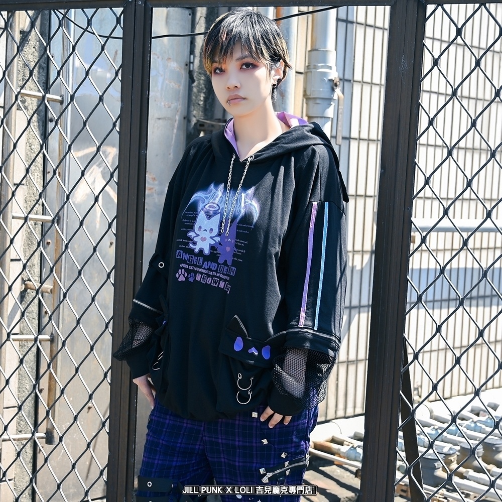Jillpunk 可愛いパンク ハロウィン 子猫の天使 漁網アームカバー付き 長袖ゆったり 猫耳パーカー メンズ レディー おしゃれ 猫系 オリジナル 男女兼用 ファッション 秋葉系 萌え 二次コン HALLOWEEN