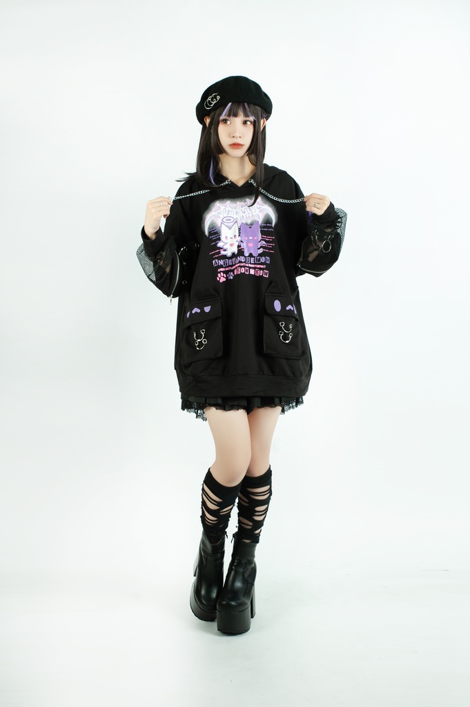 Jillpunk 可愛いパンク ハロウィン 子猫の天使 漁網アームカバー付き 長袖ゆったり 猫耳パーカー メンズ レディー おしゃれ 猫系 オリジナル 男女兼用 ファッション 秋葉系 萌え 二次コン HALLOWEEN