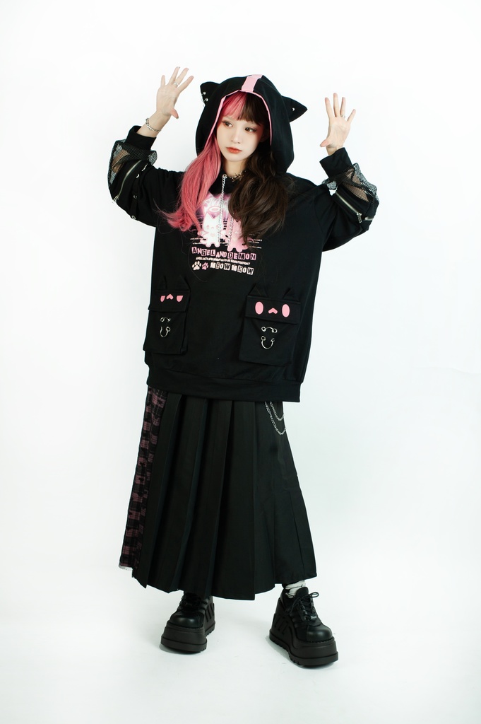 Jillpunk 可愛いパンク ハロウィン 子猫の天使 漁網アームカバー付き 長袖ゆったり 猫耳パーカー メンズ レディー おしゃれ 猫系 オリジナル 男女兼用 ファッション 秋葉系 萌え 二次コン HALLOWEEN