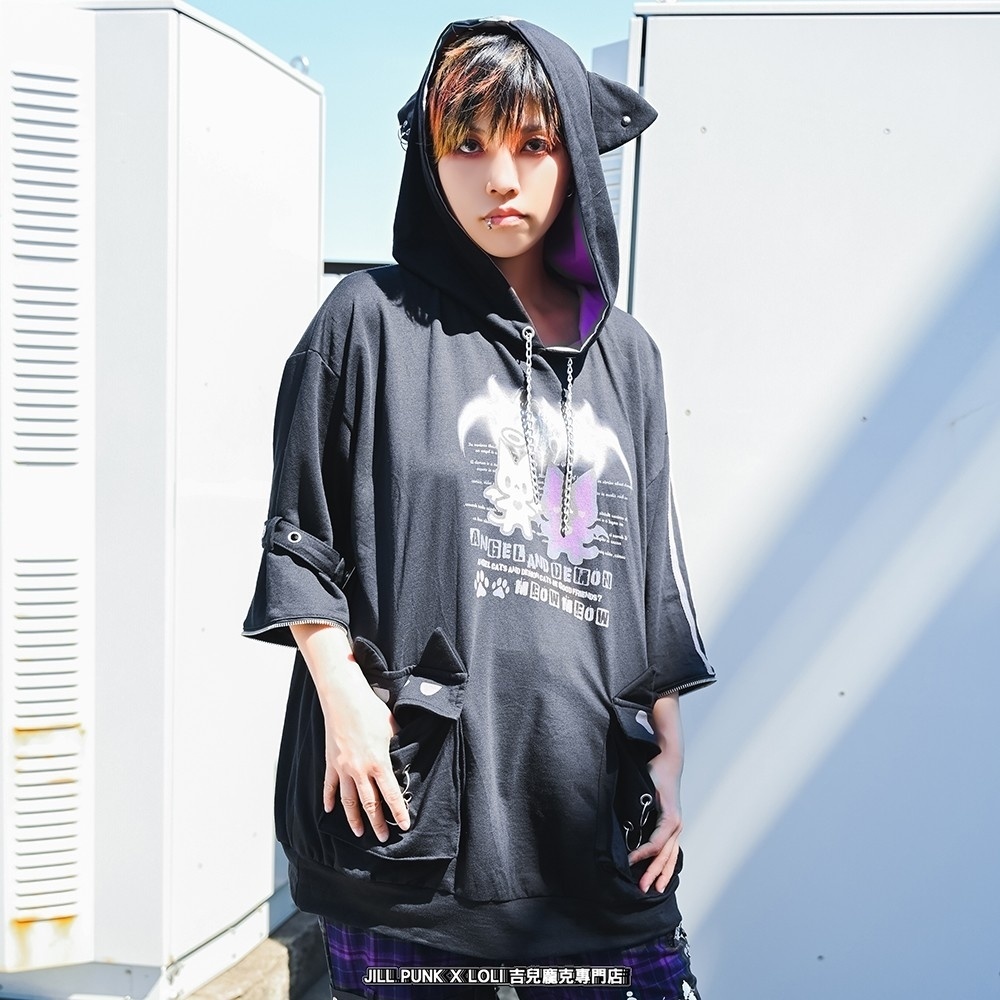Jillpunk 可愛いパンク ハロウィン 子猫の天使 漁網アームカバー付き 長袖ゆったり 猫耳パーカー メンズ レディー おしゃれ 猫系 オリジナル 男女兼用 ファッション 秋葉系 萌え 二次コン HALLOWEEN