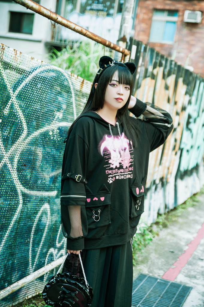 Jillpunk 可愛いパンク ハロウィン 子猫の天使 漁網アームカバー付き 長袖ゆったり 猫耳パーカー メンズ レディー おしゃれ 猫系 オリジナル 男女兼用 ファッション 秋葉系 萌え 二次コン HALLOWEEN