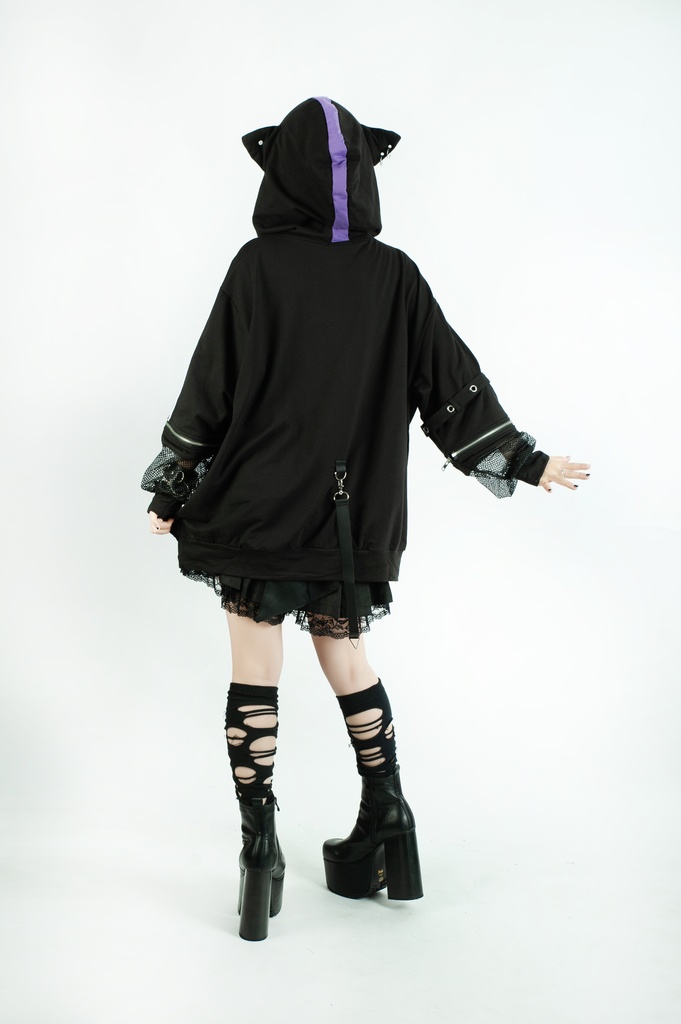 Jillpunk 可愛いパンク ハロウィン 子猫の天使 漁網アームカバー付き 長袖ゆったり 猫耳パーカー メンズ レディー おしゃれ 猫系 オリジナル 男女兼用 ファッション 秋葉系 萌え 二次コン HALLOWEEN