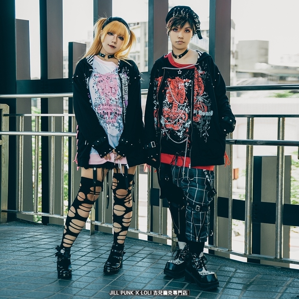 Jillpunk 可愛いパンク V系 壊れた模型 肋骨プリント レースアップ 鎖チェーン付き クラッシュ ダメージ加工 ゆったり 長袖フード付きジャケット 兎耳パーカー オリジナル メンズ レディーズ おしゃれ男女兼用ファッション カッコいい