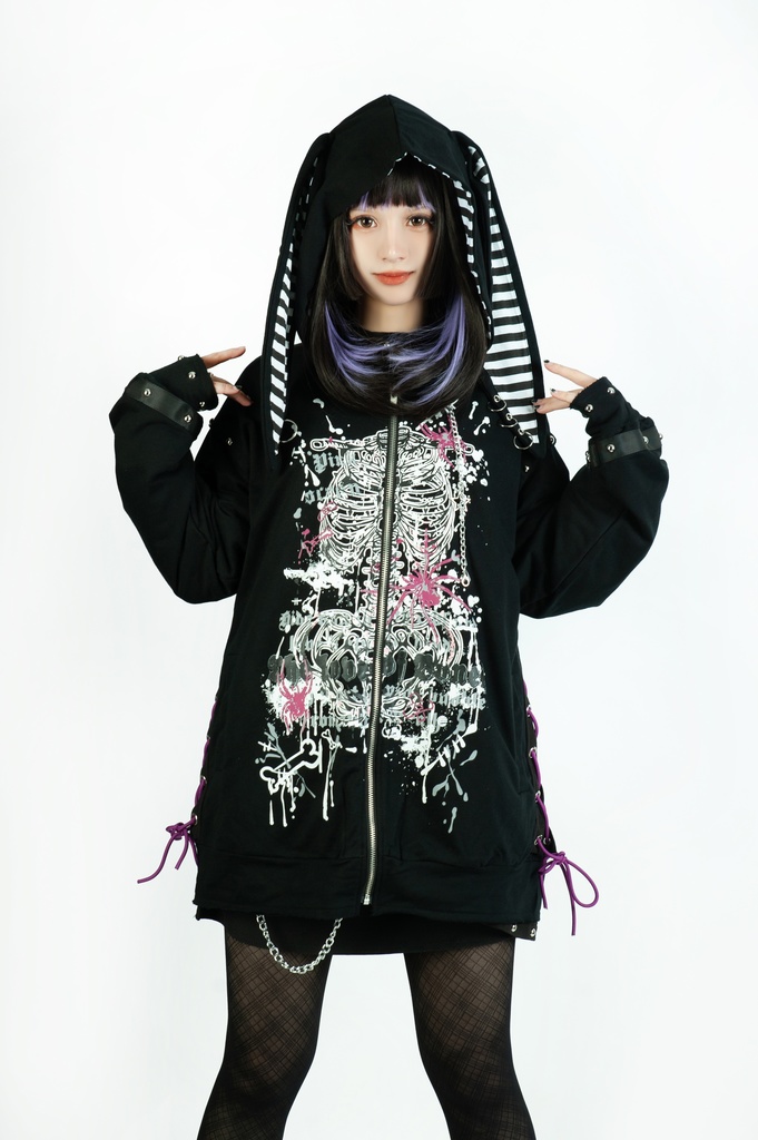 Jillpunk 可愛いパンク V系 壊れた模型 肋骨プリント レースアップ 鎖チェーン付き クラッシュ ダメージ加工 ゆったり 長袖フード付きジャケット 兎耳パーカー オリジナル メンズ レディーズ おしゃれ男女兼用ファッション カッコいい