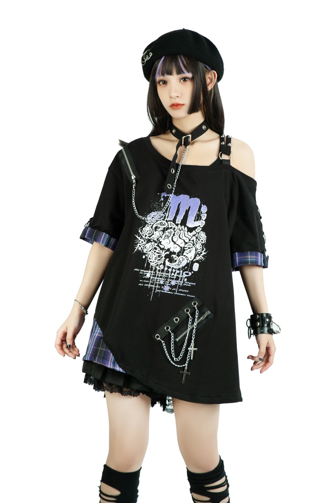 Jillpunk パンクロック 星座シリーズ 死星宿曜さそり座 タータンチェック柄 ワンショルダー 肩出し 鎖チェーン チョーカー付き ゆったり 半袖Tシャツ カットソー メンズ レディー V系 オリジナル おしゃれ 男女兼用ファッション