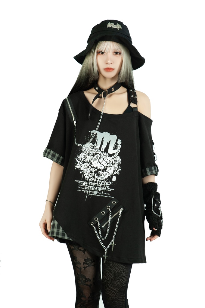 Jillpunk パンクロック 星座シリーズ 死星宿曜さそり座 タータンチェック柄 ワンショルダー 肩出し 鎖チェーン チョーカー付き ゆったり 半袖Tシャツ カットソー メンズ レディー V系 オリジナル おしゃれ 男女兼用ファッション