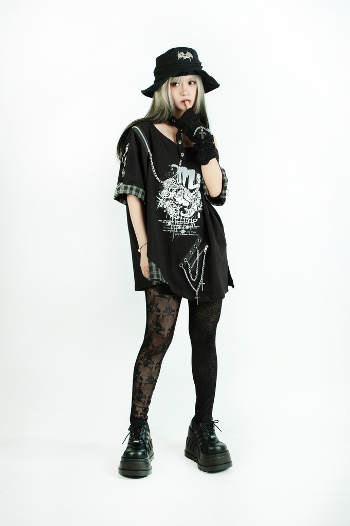 Jillpunk パンクロック 星座シリーズ 死星宿曜さそり座 タータンチェック柄 ワンショルダー 肩出し 鎖チェーン チョーカー付き ゆったり 半袖Tシャツ カットソー メンズ レディー V系 オリジナル おしゃれ 男女兼用ファッション