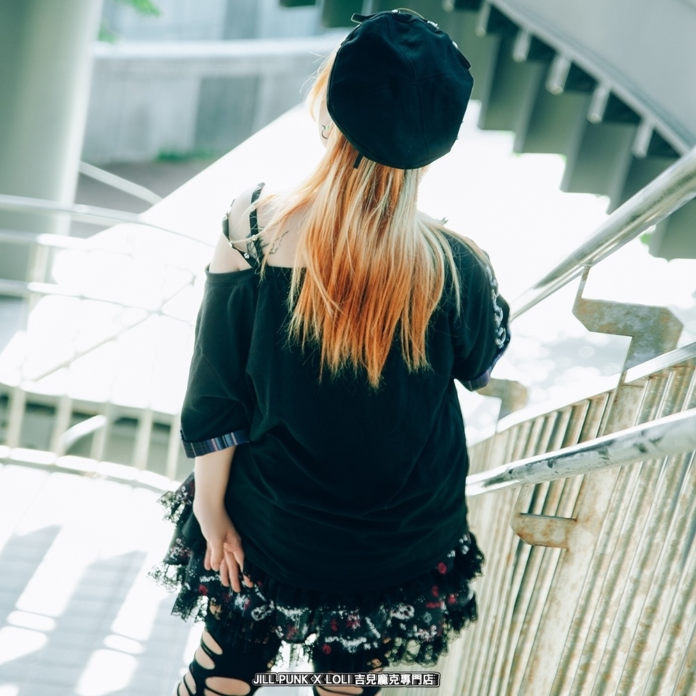 Jillpunk パンクロック 星座シリーズ 死星宿曜さそり座 タータンチェック柄 ワンショルダー 肩出し 鎖チェーン チョーカー付き ゆったり 半袖Tシャツ カットソー メンズ レディー V系 オリジナル おしゃれ 男女兼用ファッション