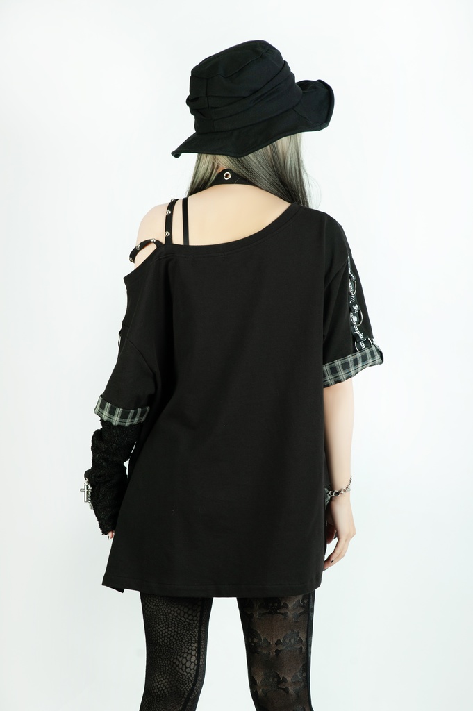 Jillpunk パンクロック 星座シリーズ 死星宿曜さそり座 タータンチェック柄 ワンショルダー 肩出し 鎖チェーン チョーカー付き ゆったり 半袖Tシャツ カットソー メンズ レディー V系 オリジナル おしゃれ 男女兼用ファッション