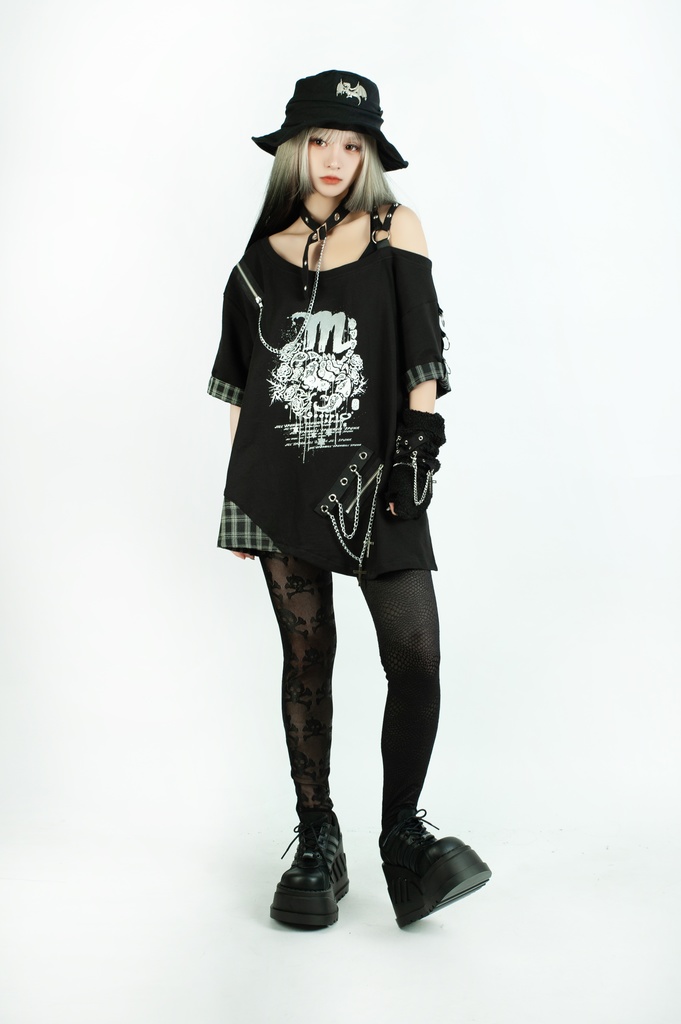 Jillpunk パンクロック 星座シリーズ 死星宿曜さそり座 タータンチェック柄 ワンショルダー 肩出し 鎖チェーン チョーカー付き ゆったり 半袖Tシャツ カットソー メンズ レディー V系 オリジナル おしゃれ 男女兼用ファッション