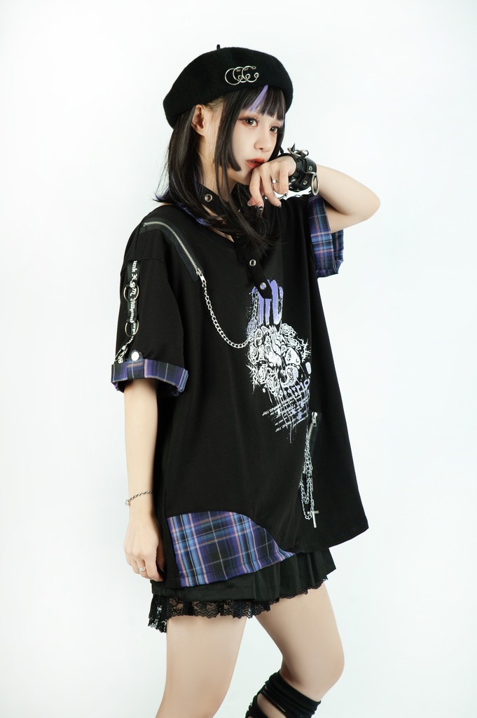 Jillpunk パンクロック 星座シリーズ 死星宿曜さそり座 タータンチェック柄 ワンショルダー 肩出し 鎖チェーン チョーカー付き ゆったり 半袖Tシャツ カットソー メンズ レディー V系 オリジナル おしゃれ 男女兼用ファッション