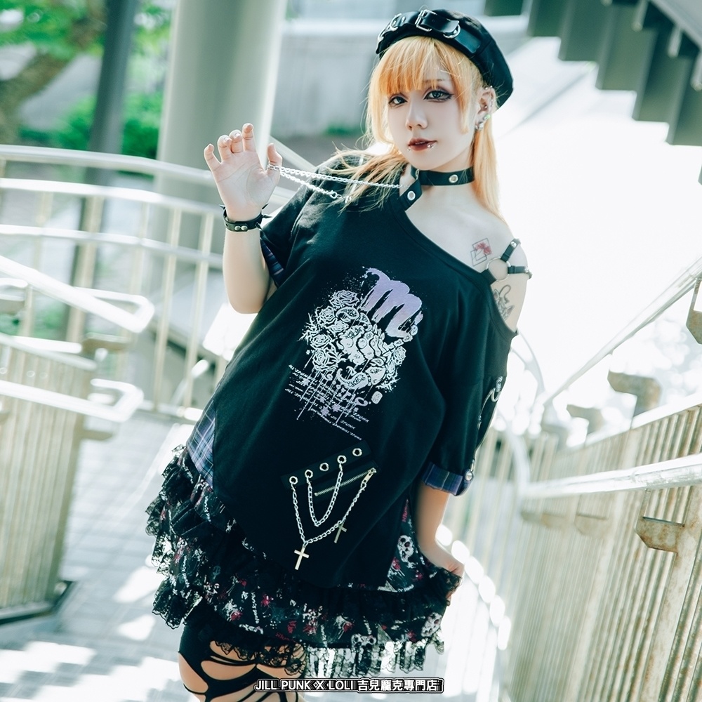 Jillpunk パンクロック 星座シリーズ 死星宿曜さそり座 タータンチェック柄 ワンショルダー 肩出し 鎖チェーン チョーカー付き ゆったり 半袖Tシャツ カットソー メンズ レディー V系 オリジナル おしゃれ 男女兼用ファッション