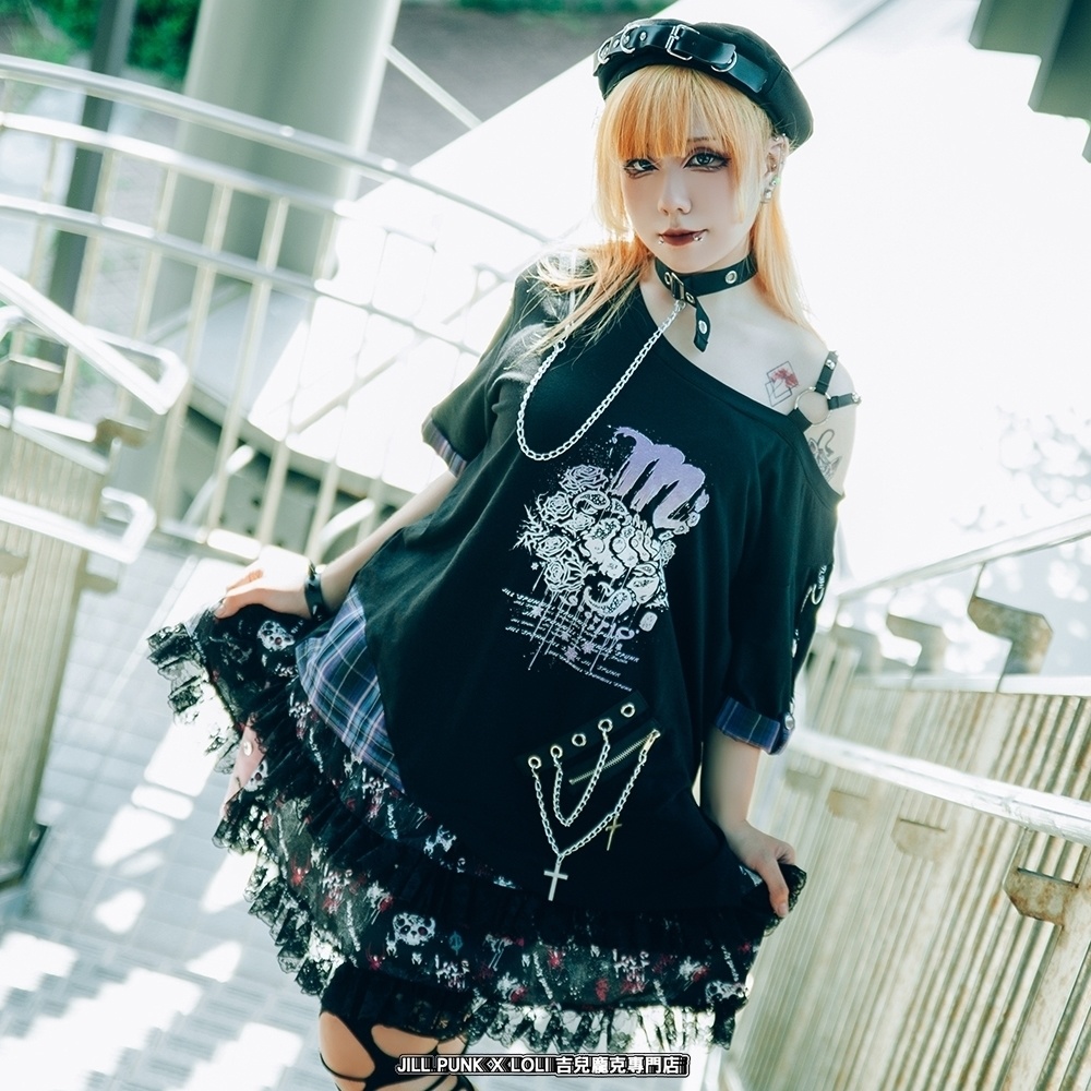 Jillpunk パンクロック 星座シリーズ 死星宿曜さそり座 タータンチェック柄 ワンショルダー 肩出し 鎖チェーン チョーカー付き ゆったり 半袖Tシャツ カットソー メンズ レディー V系 オリジナル おしゃれ 男女兼用ファッション