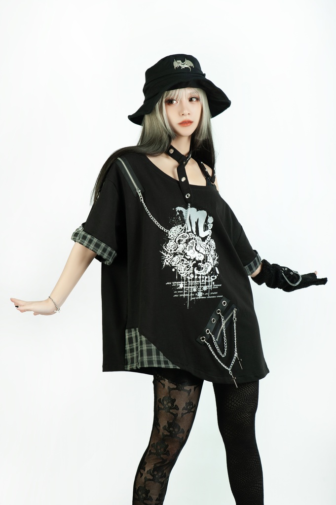 Jillpunk パンクロック 星座シリーズ 死星宿曜さそり座 タータンチェック柄 ワンショルダー 肩出し 鎖チェーン チョーカー付き ゆったり 半袖Tシャツ カットソー メンズ レディー V系 オリジナル おしゃれ 男女兼用ファッション