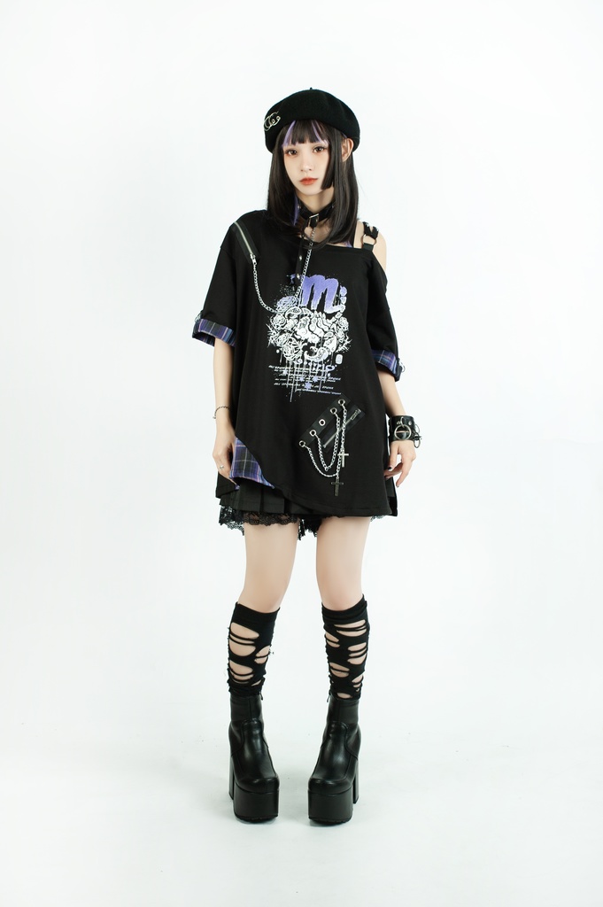 Jillpunk パンクロック 星座シリーズ 死星宿曜さそり座 タータンチェック柄 ワンショルダー 肩出し 鎖チェーン チョーカー付き ゆったり 半袖Tシャツ カットソー メンズ レディー V系 オリジナル おしゃれ 男女兼用ファッション