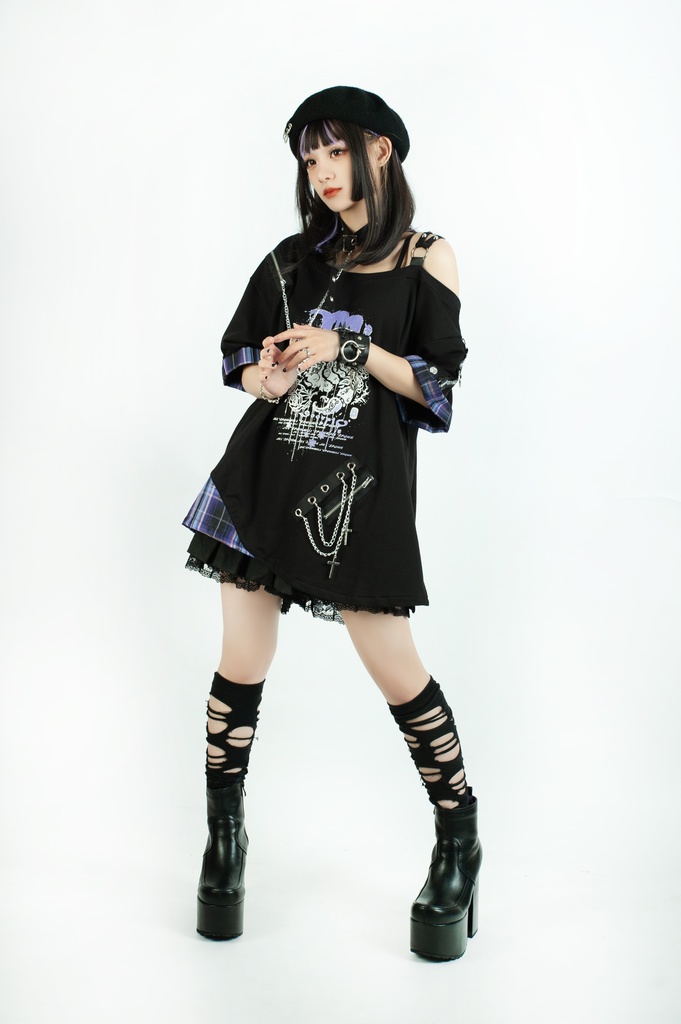 Jillpunk パンクロック 星座シリーズ 死星宿曜さそり座 タータンチェック柄 ワンショルダー 肩出し 鎖チェーン チョーカー付き ゆったり 半袖Tシャツ カットソー メンズ レディー V系 オリジナル おしゃれ 男女兼用ファッション