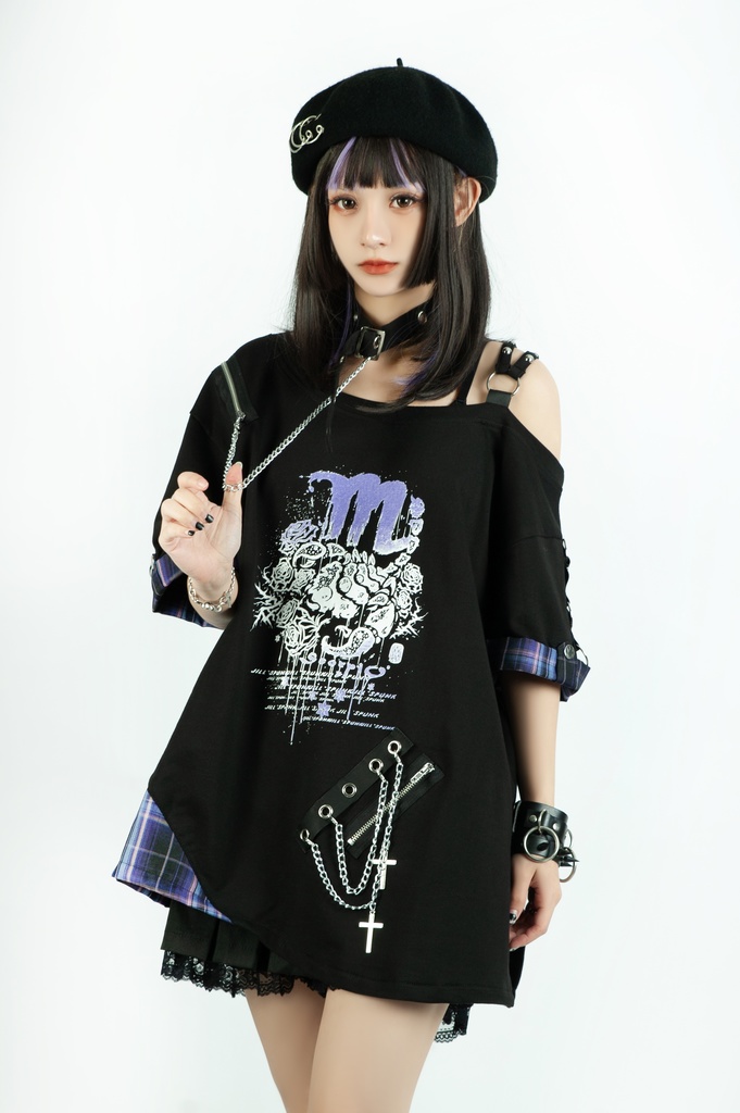 Jillpunk パンクロック 星座シリーズ 死星宿曜さそり座 タータンチェック柄 ワンショルダー 肩出し 鎖チェーン チョーカー付き ゆったり 半袖Tシャツ カットソー メンズ レディー V系 オリジナル おしゃれ 男女兼用ファッション