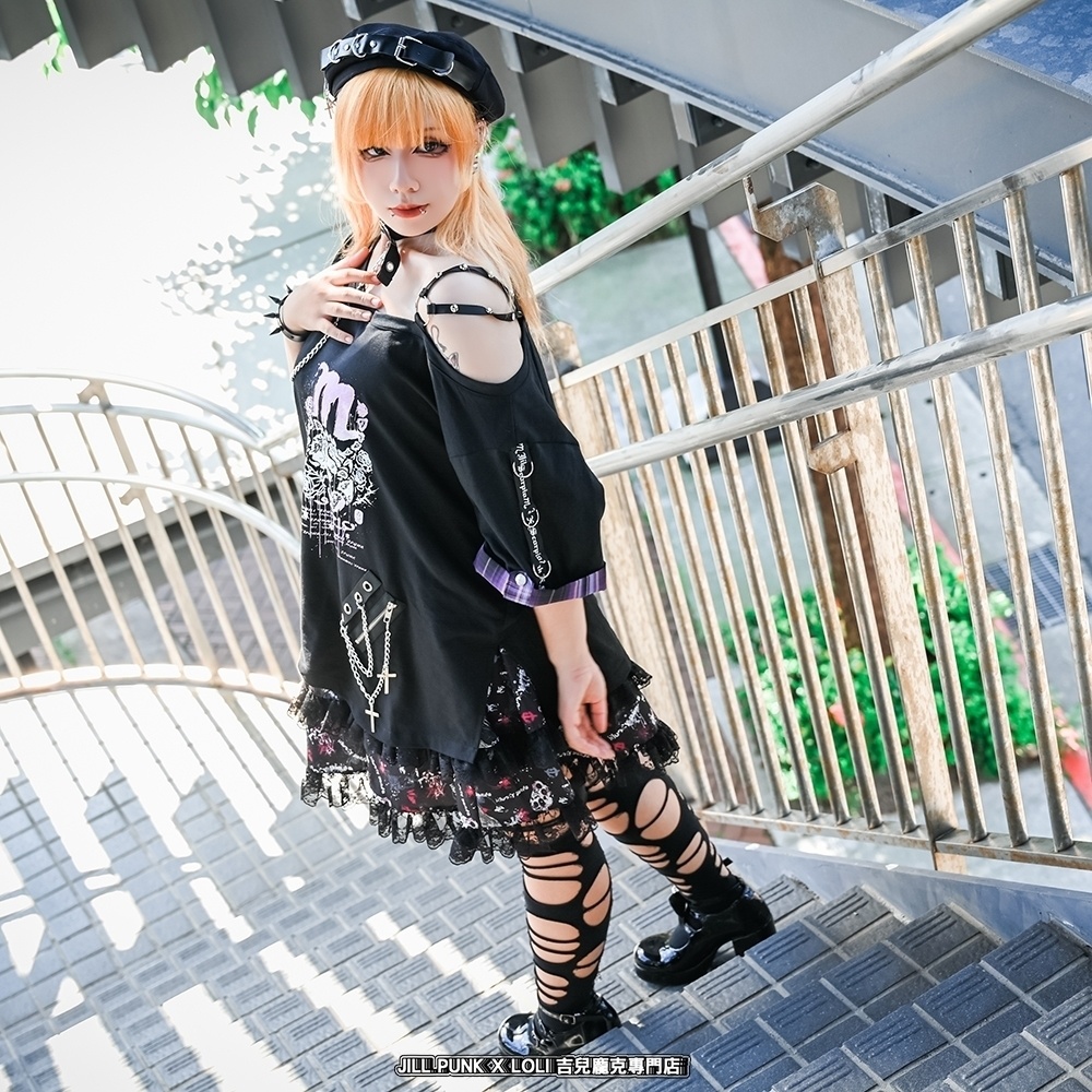 Jillpunk パンクロック 星座シリーズ 死星宿曜さそり座 タータンチェック柄 ワンショルダー 肩出し 鎖チェーン チョーカー付き ゆったり 半袖Tシャツ カットソー メンズ レディー V系 オリジナル おしゃれ 男女兼用ファッション