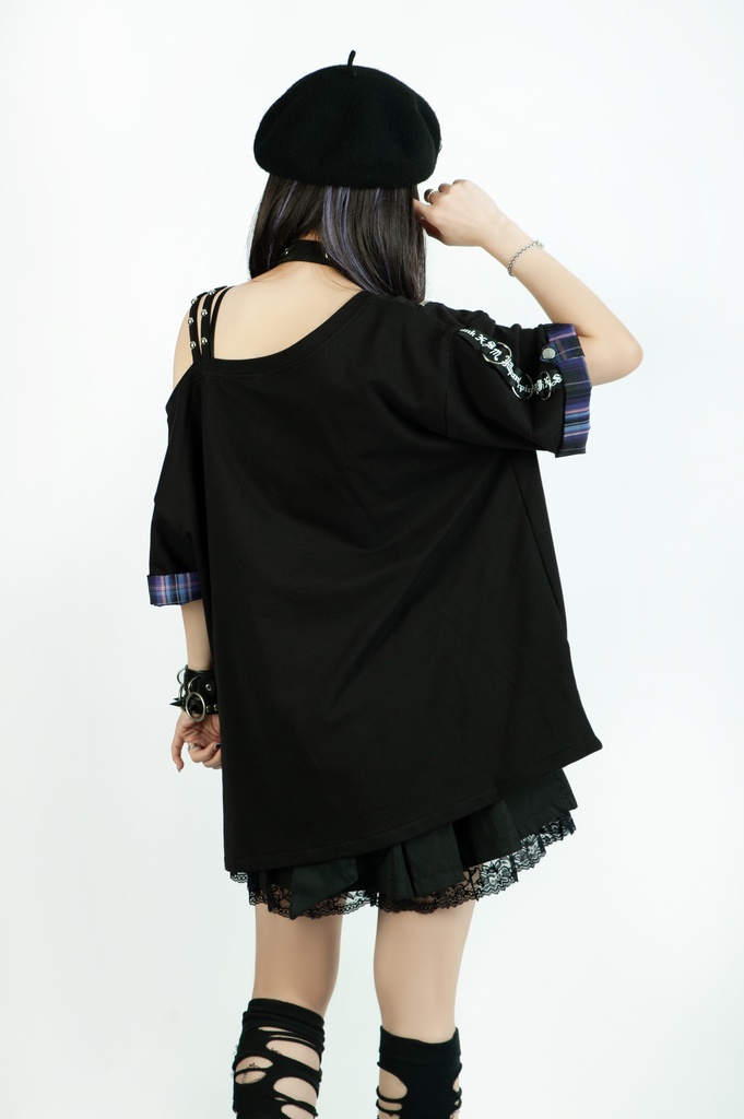 Jillpunk パンクロック 星座シリーズ 死星宿曜さそり座 タータンチェック柄 ワンショルダー 肩出し 鎖チェーン チョーカー付き ゆったり 半袖Tシャツ カットソー メンズ レディー V系 オリジナル おしゃれ 男女兼用ファッション