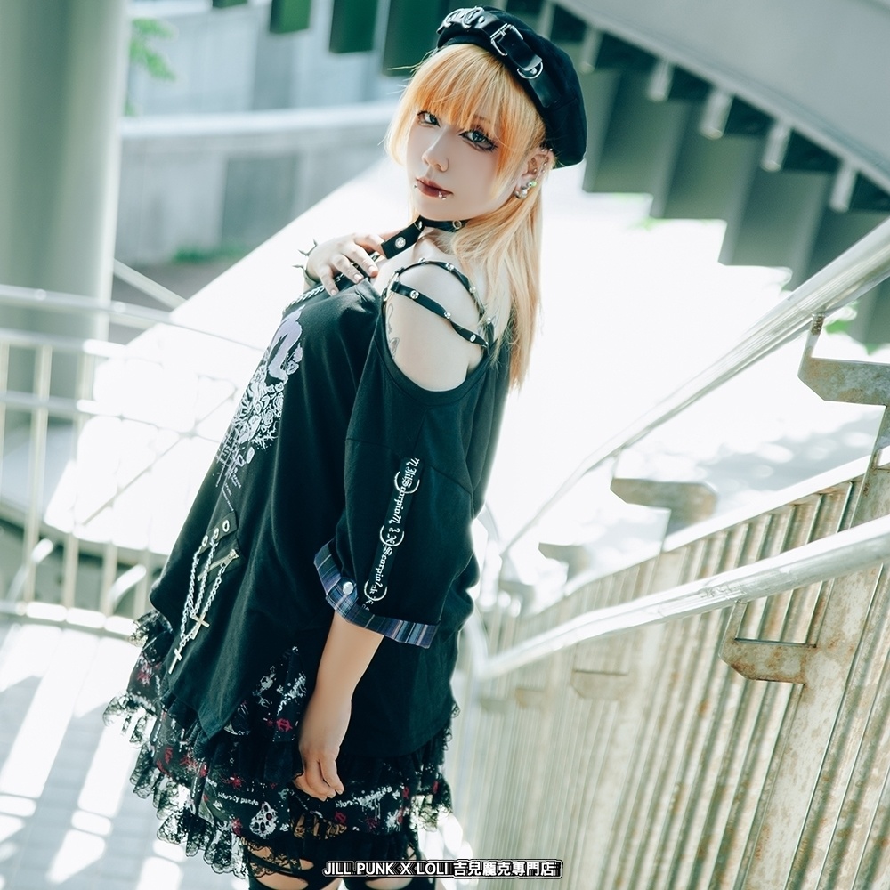 Jillpunk パンクロック 星座シリーズ 死星宿曜さそり座 タータンチェック柄 ワンショルダー 肩出し 鎖チェーン チョーカー付き ゆったり 半袖Tシャツ カットソー メンズ レディー V系 オリジナル おしゃれ 男女兼用ファッション