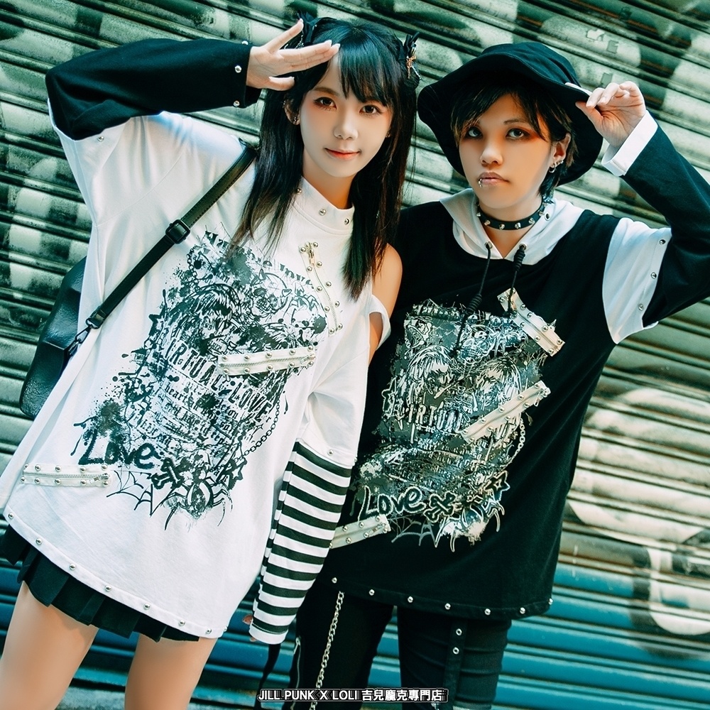 Jillpunkパンクロック ヴィジュアル系 悪魔の罠 ワンショルダー 肩出し スダッズチャック付き ボーダー柄 ゆったり 長袖Tシャツ カットソー オリジナル メンズ レディー V系 おしゃれ V系 男女兼用ファッション