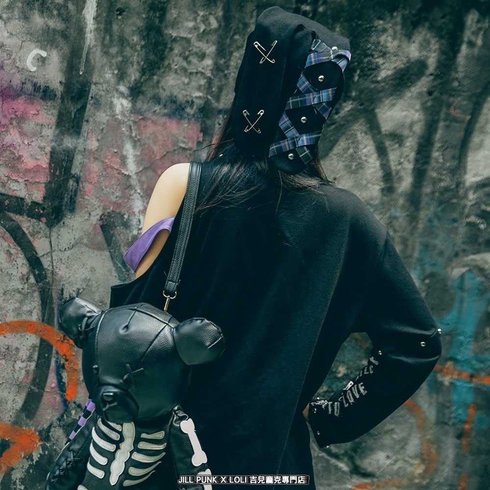 Jillpunkパンクロック ヴィジュアル系 悪魔の罠 ワンショルダー 肩出し スダッズチャック付き ボーダー柄 ゆったり 長袖Tシャツ カットソー オリジナル メンズ レディー V系 おしゃれ V系 男女兼用ファッション