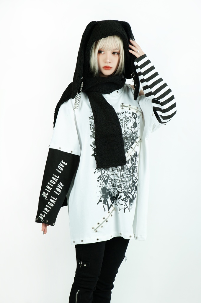 Jillpunkパンクロック ヴィジュアル系 悪魔の罠 ワンショルダー 肩出し スダッズチャック付き ボーダー柄 ゆったり 長袖Tシャツ カットソー オリジナル メンズ レディー V系 おしゃれ V系 男女兼用ファッション