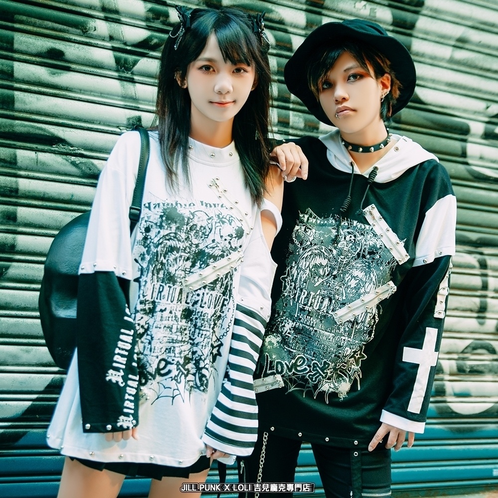 Jillpunkパンクロック ヴィジュアル系 悪魔の罠 ワンショルダー 肩出し スダッズチャック付き ボーダー柄 ゆったり 長袖Tシャツ カットソー オリジナル メンズ レディー V系 おしゃれ V系 男女兼用ファッション