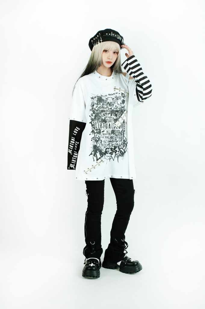 Jillpunkパンクロック ヴィジュアル系 悪魔の罠 ワンショルダー 肩出し スダッズチャック付き ボーダー柄 ゆったり 長袖Tシャツ カットソー オリジナル メンズ レディー V系 おしゃれ V系 男女兼用ファッション