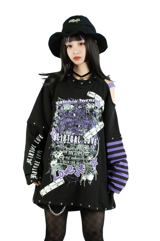 Jillpunkパンクロック ヴィジュアル系 悪魔の罠 ワンショルダー 肩出し スダッズチャック付き ボーダー柄 ゆったり 長袖Tシャツ カットソー オリジナル メンズ レディー V系 おしゃれ V系 男女兼用ファッション