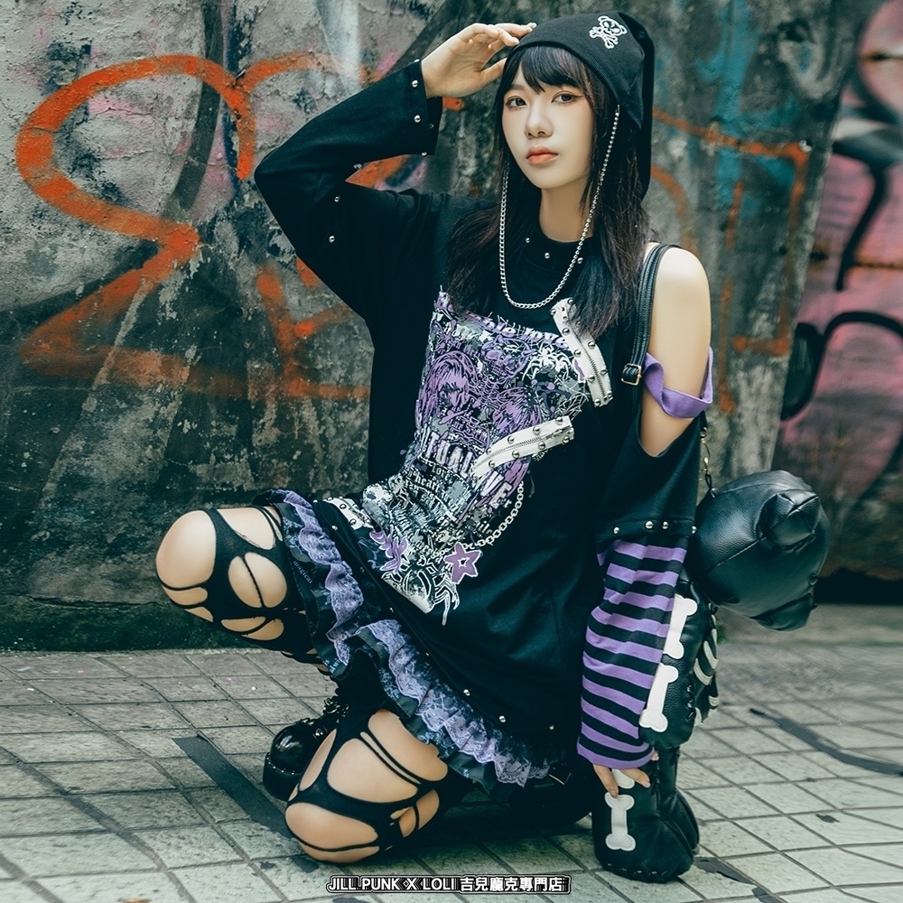 Jillpunkパンクロック ヴィジュアル系 悪魔の罠 ワンショルダー 肩出し スダッズチャック付き ボーダー柄 ゆったり 長袖Tシャツ カットソー オリジナル メンズ レディー V系 おしゃれ V系 男女兼用ファッション