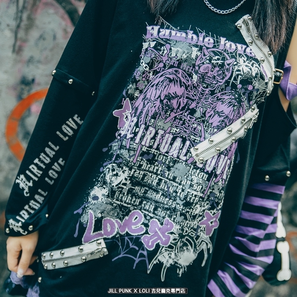 Jillpunkパンクロック ヴィジュアル系 悪魔の罠 ワンショルダー 肩出し スダッズチャック付き ボーダー柄 ゆったり 長袖Tシャツ カットソー オリジナル メンズ レディー V系 おしゃれ V系 男女兼用ファッション