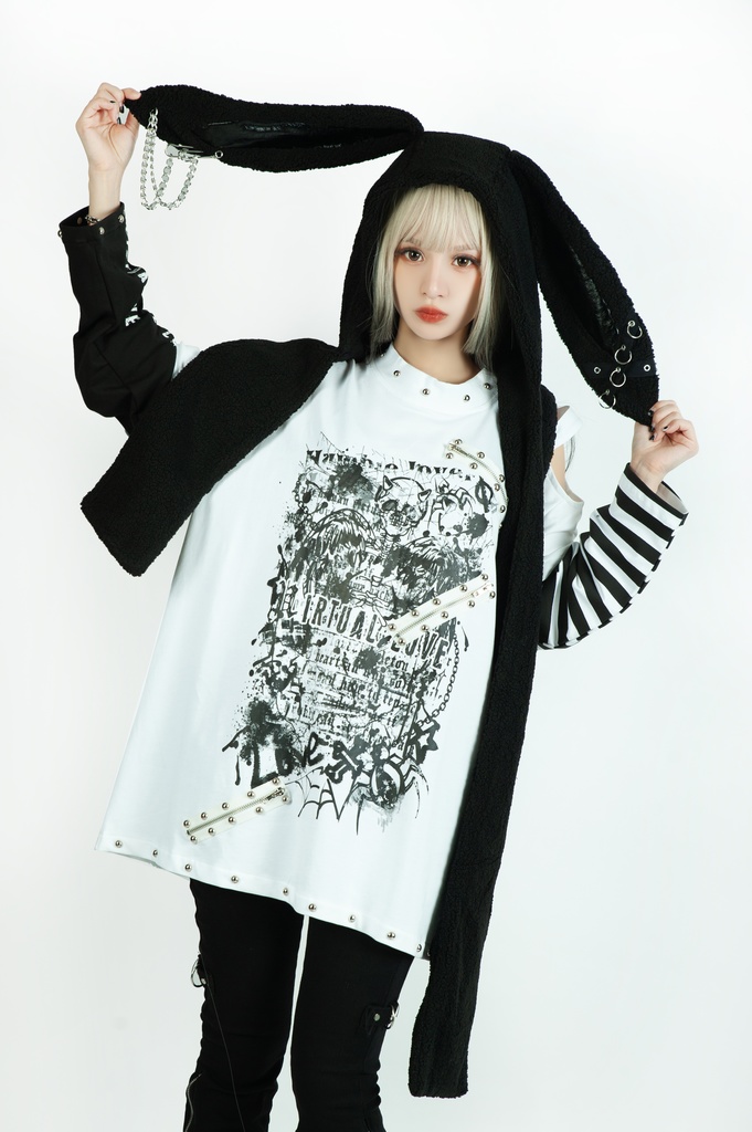 Jillpunkパンクロック ヴィジュアル系 悪魔の罠 ワンショルダー 肩出し スダッズチャック付き ボーダー柄 ゆったり 長袖Tシャツ カットソー オリジナル メンズ レディー V系 おしゃれ V系 男女兼用ファッション