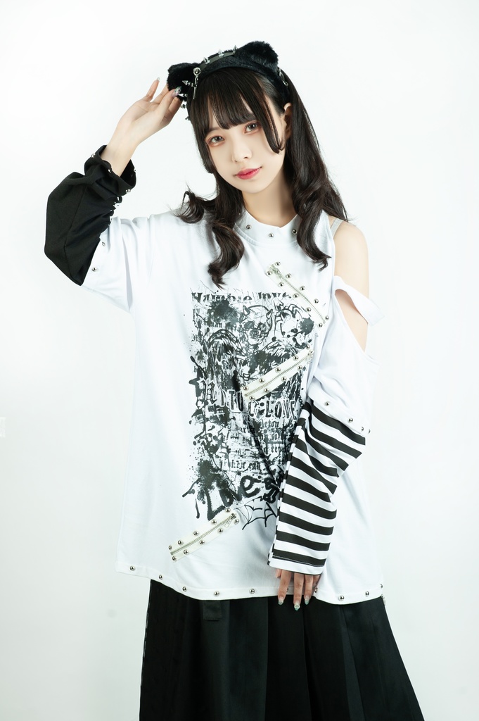 Jillpunkパンクロック ヴィジュアル系 悪魔の罠 ワンショルダー 肩出し スダッズチャック付き ボーダー柄 ゆったり 長袖Tシャツ カットソー オリジナル メンズ レディー V系 おしゃれ V系 男女兼用ファッション